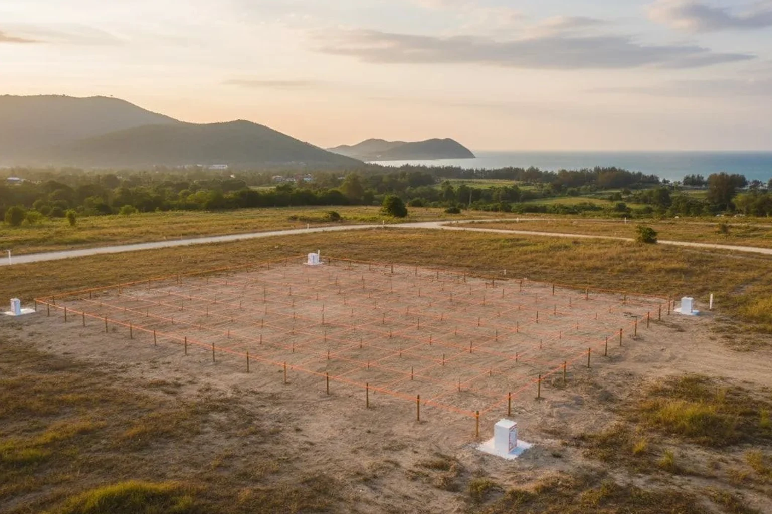 แปลงที่ดินว่างมีเสาหลักเขต เตรียมพัฒนาในบรรยากาศเปิดโล่ง