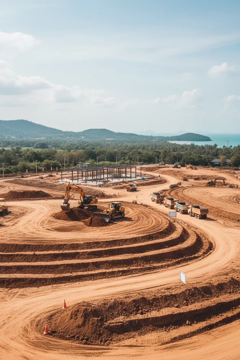 ภาพบรรยากาศหน้างานก่อสร้างและเครื่องจักรในพื้นที่ถมและปรับดิน