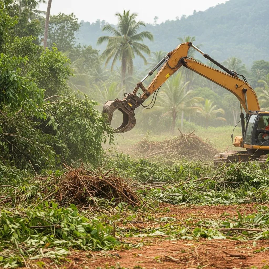 พื้นที่ถูกเคลียร์ เห็นดินและเครื่องจักรเตรียมปรับพื้นที่