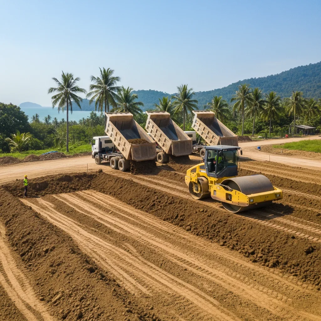 งานถมดินและบดอัดเป็นชั้นในพื้นที่ก่อสร้าง